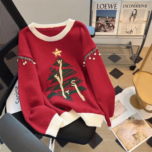 Damen festlicher Strickpullover mit Tannenbaum-Motiv und verspielten Akzenten R&B