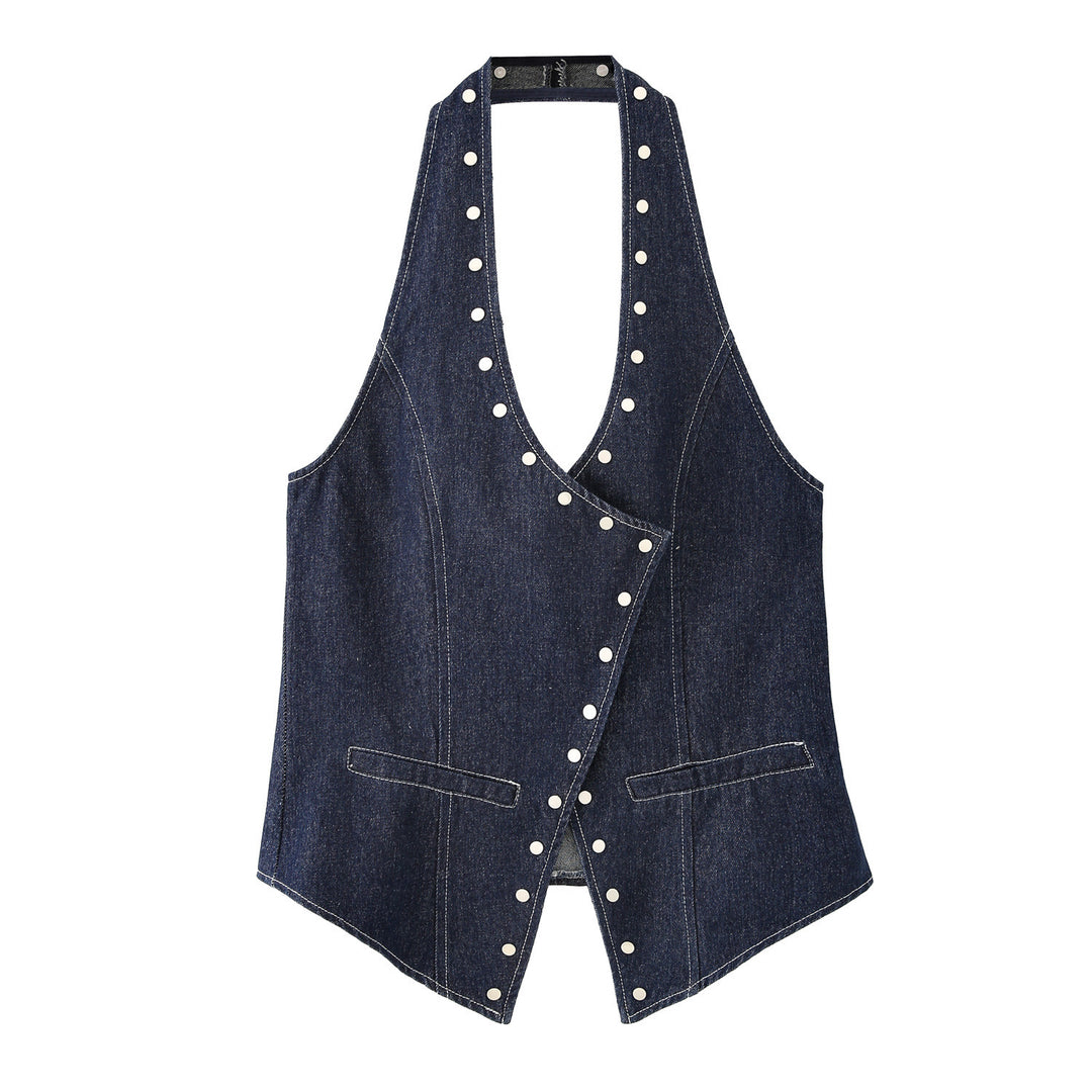 Damen elegante Denim-Weste mit dekorativen Druckknöpfen und lässigem Schnitt R&B