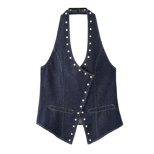 Damen elegante Denim-Weste mit dekorativen Druckknöpfen und lässigem Schnitt R&B
