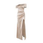 Damen Elegantes Satin Abendkleid mit asymmetrischem Träger und hohem Schlitz R&B