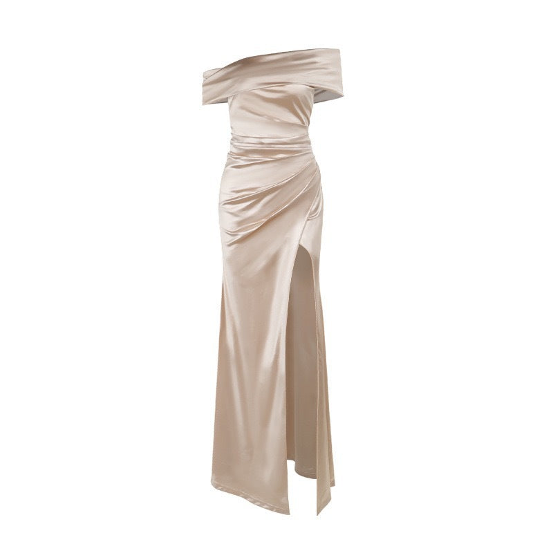 Damen Elegantes Satin Abendkleid mit asymmetrischem Träger und hohem Schlitz R&B