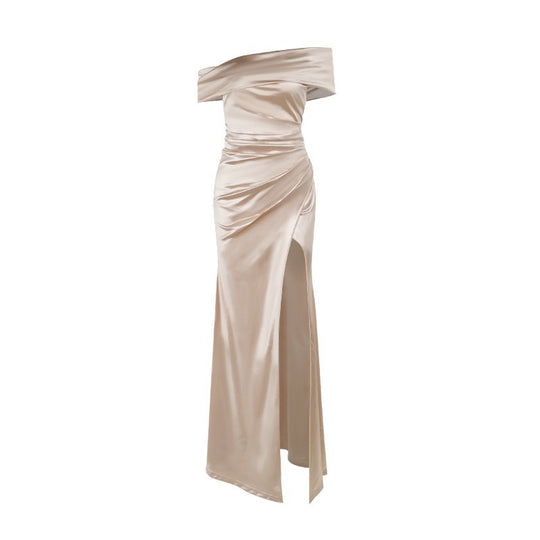 Damen Elegantes Satin Abendkleid mit asymmetrischem Träger und hohem Schlitz R&B
