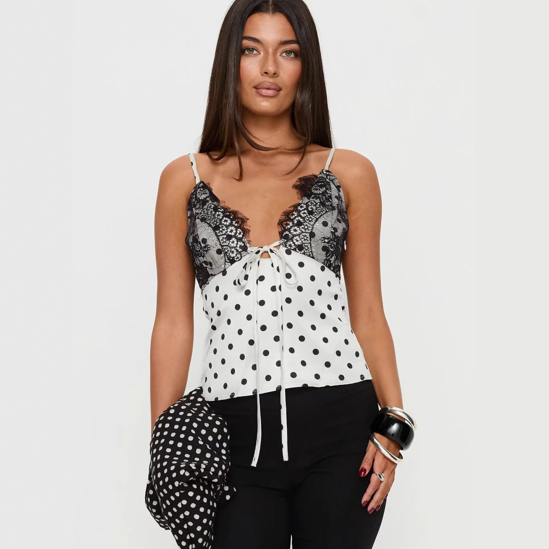 Damen Verspielt elegantes Spaghettiträgershirt mit Spitze und Punktemuster R&B