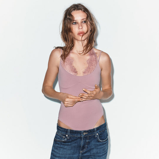 Damen Bodysuit mit Spitzenverzierung und figurbetontem Schnitt R&B