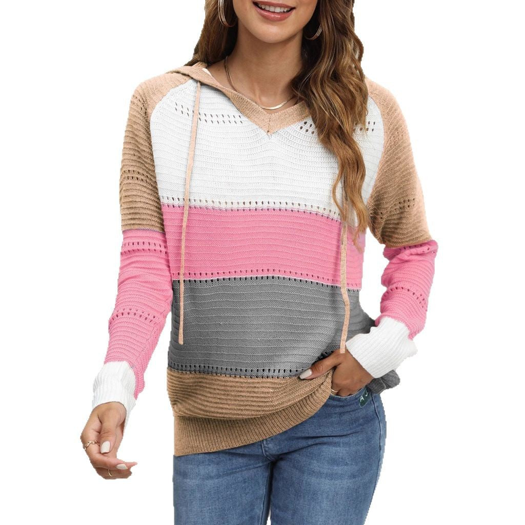 Damen Pullover mit lässigem Kapuzen-Design und einzigartigem Streifenmuster R&B