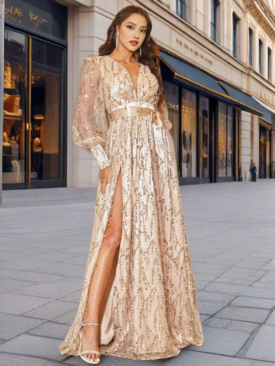Damen Glamouröses Abendkleid mit schimmernden Pailletten und tiefem Schlitz R&B