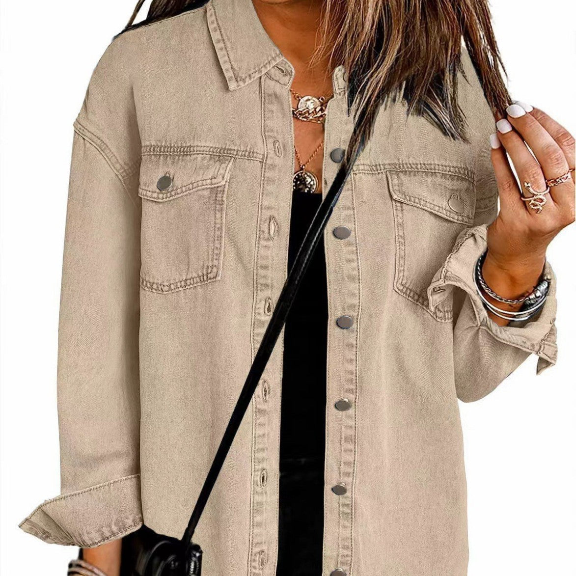 Damen Denim Overshirt mit fransigem Saum und Brusttaschen R&B