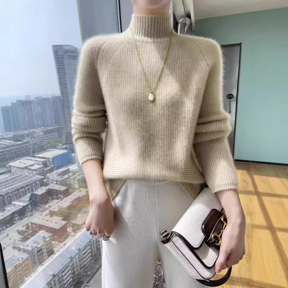 Damen Strickpullover mit hohem Kragen und feiner Rippstruktur R&B