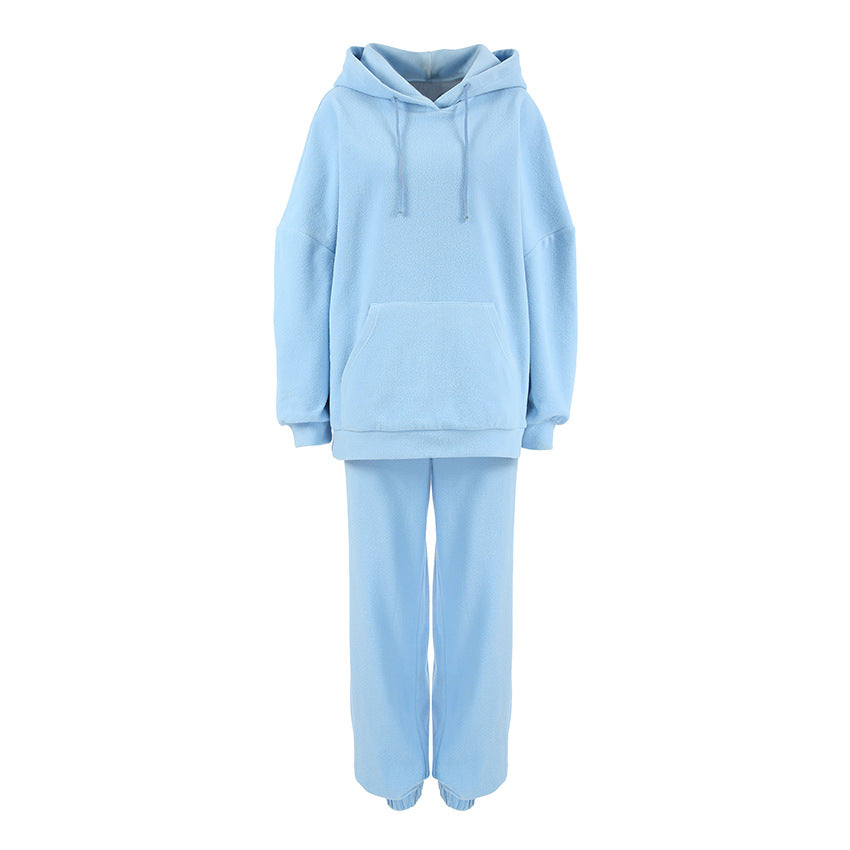 Damen Fleece Lounge-Set mit weiten Beinen und Kapuze R&B