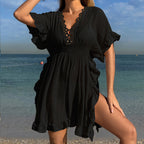 Damen luftiges Strandkleid mit Rüschendetails und vorteilhafter Schärpe R&B