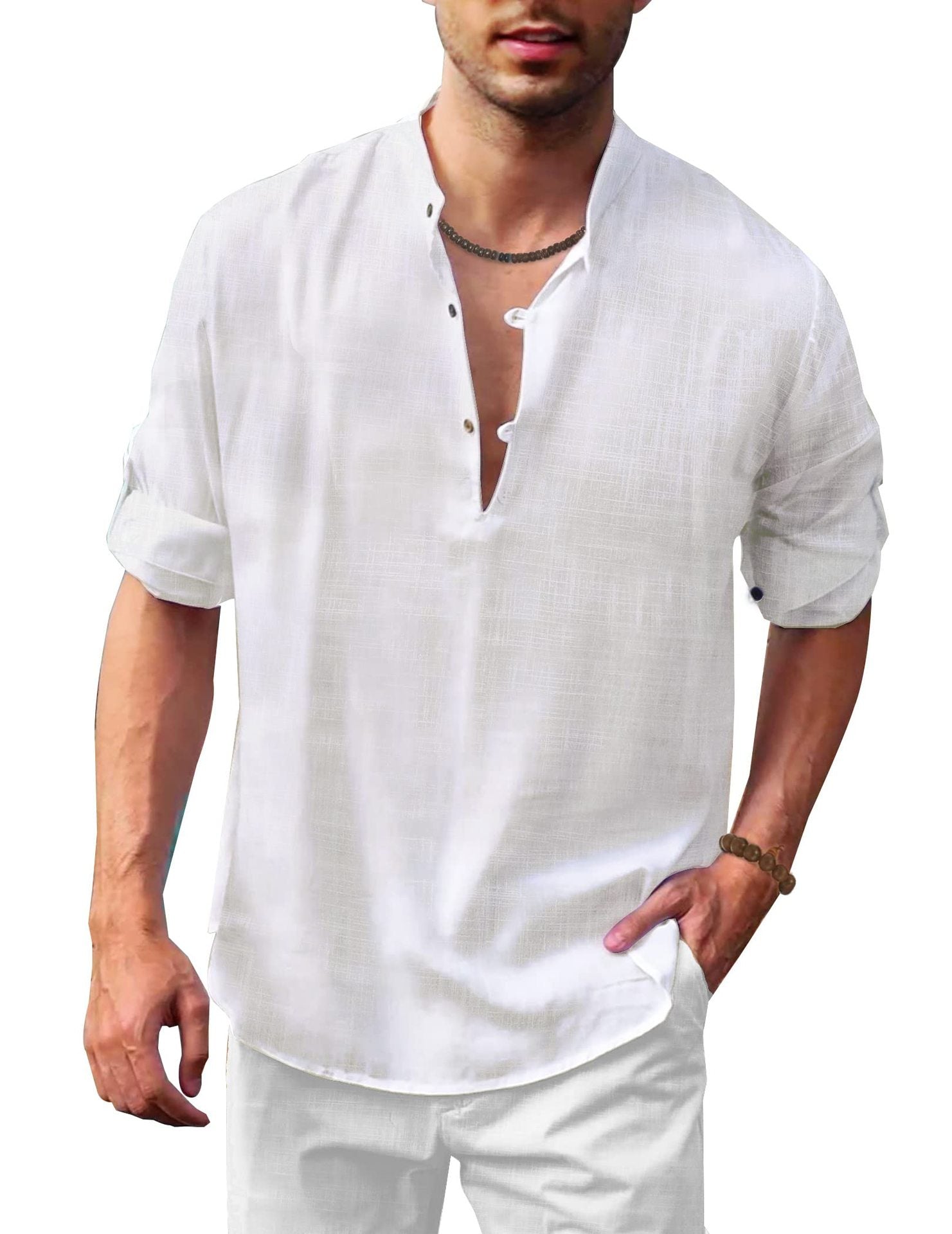 Herren lässiges Leinenhemd mit kurzes Arm und Knopfdetail R&B