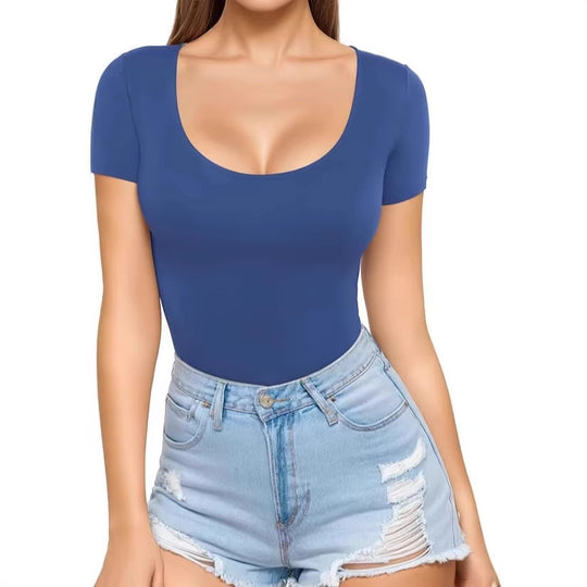 Damen figurbetontes Kurzarm-Body mit rundem Ausschnitt und nahtlosem Design R&B