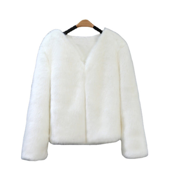 Damen Elegante Kunstfelljacke mit V-Ausschnitt und weichem Innenfutter R&B