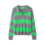 Damen nan gestreifter Rugby-Pullover mit Polokragen, V‑Ausschnitt und verlängerten Rippbündchen R&B