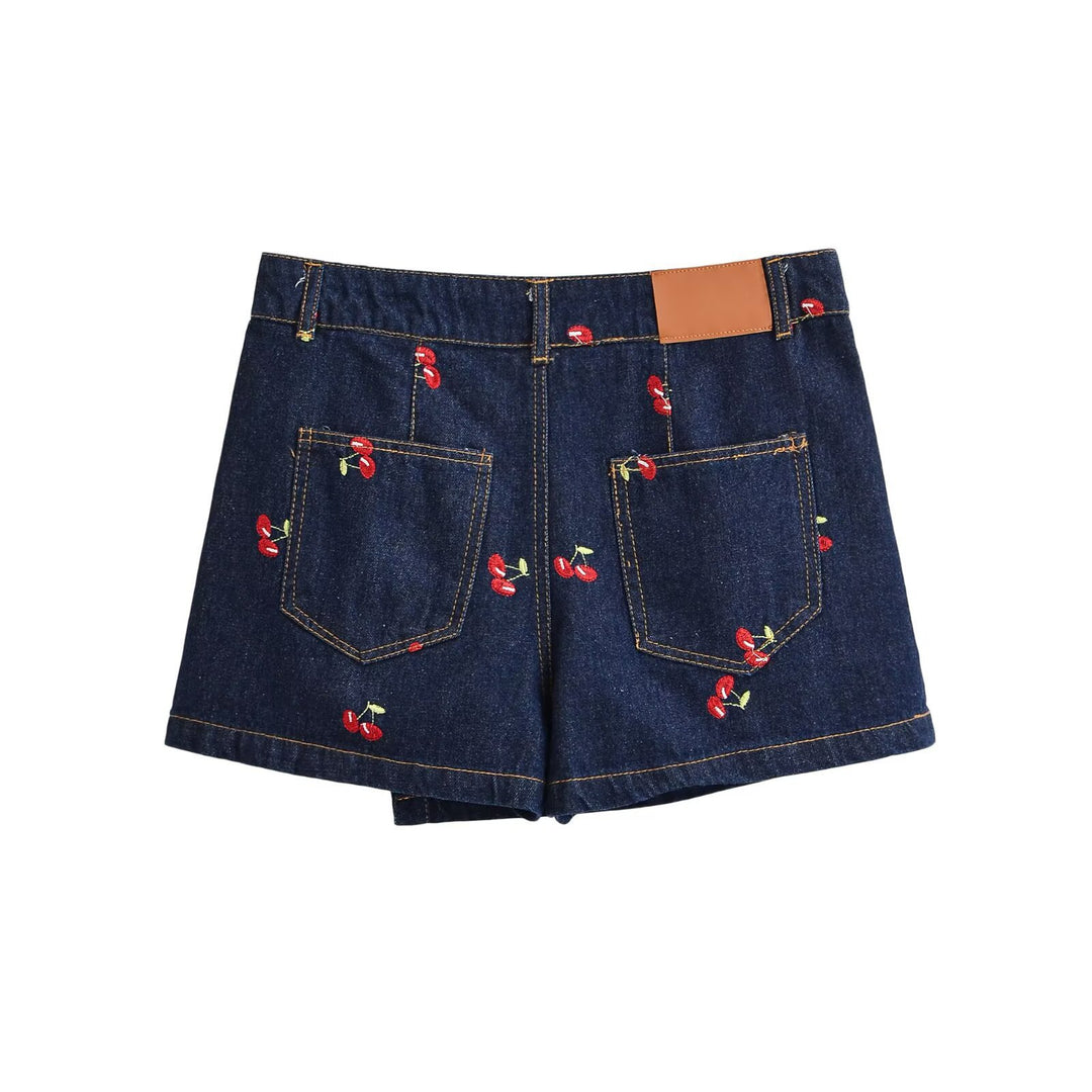 Damen Jeansrock mit verspielter Kirschstickerei und dekorativem Schnitt R&B
