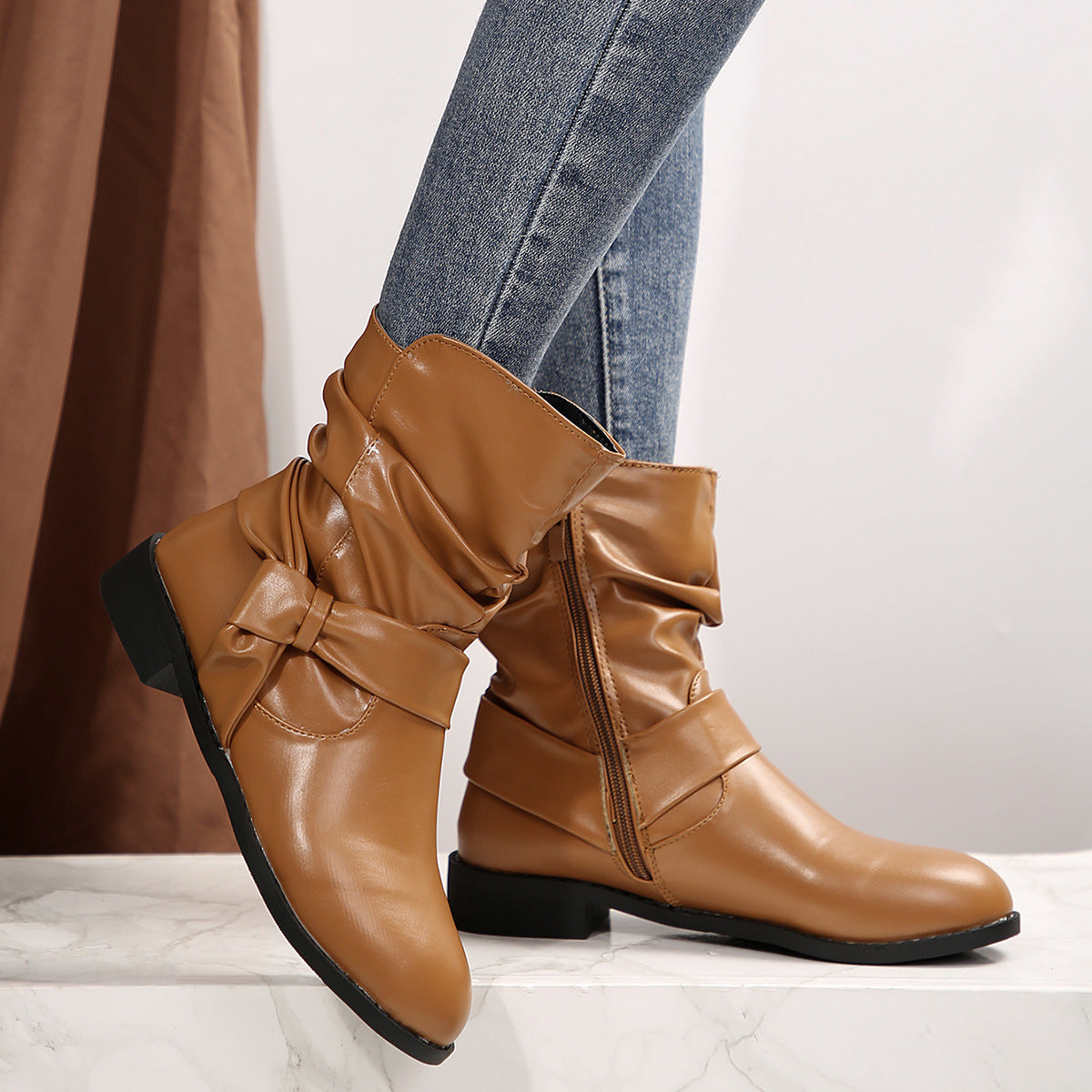 Damen Stiefeletten mit modischem Falten-Design und dekorativem Schleifenverschluss R&B