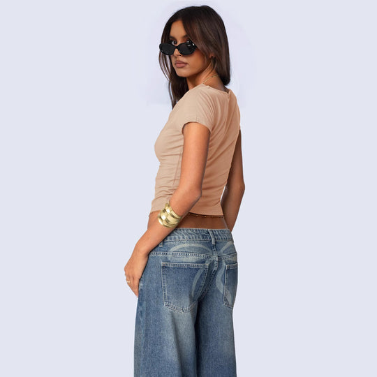 Damen figurbetontes T-Shirt mit elegantem Wasserfallausschnitt R&B