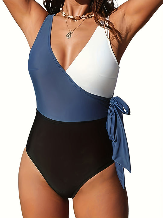 Damen Einteiliger Badeanzug mit modischem Wickeldesign und seitlichem Bindeband R&B