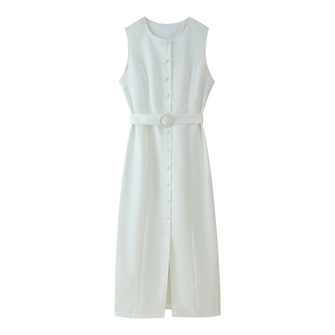 Damen ärmelloses Wickelkleid mit Knopfverschluss und Taillengürtel R&B