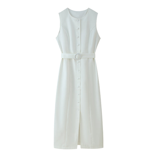 Damen ärmelloses Wickelkleid mit Knopfverschluss und Taillengürtel R&B