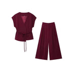 Damen elegantes Wickeloberteil und weite Palazzo-Hose Set R&B