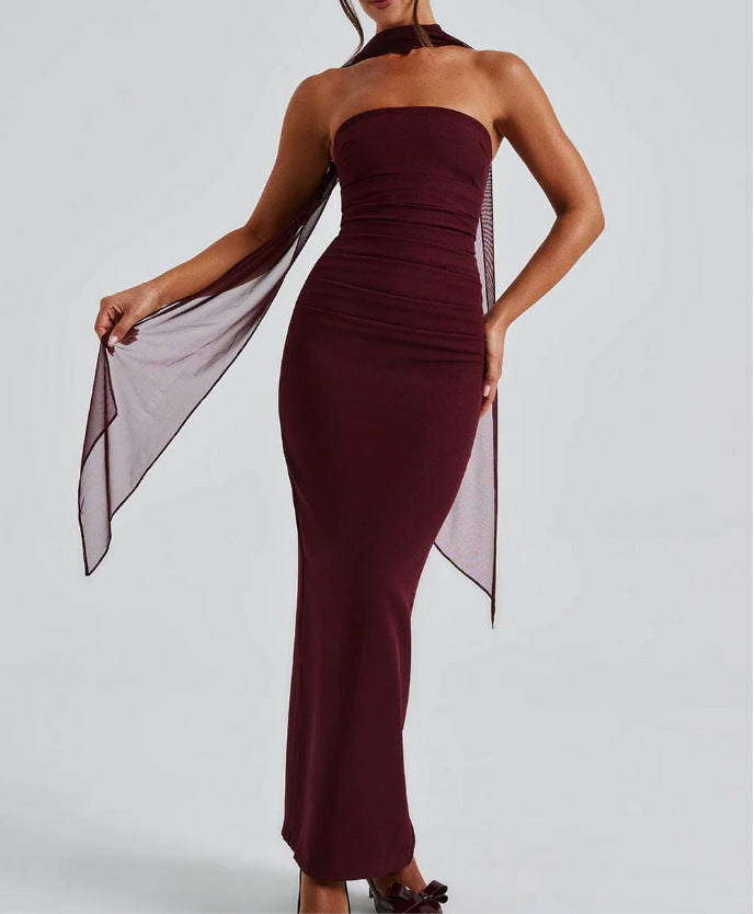 Damen Trägerloses Abendkleid mit raffiniertem Wickeldesign und zarten Chiffon-Ärmeln R&B