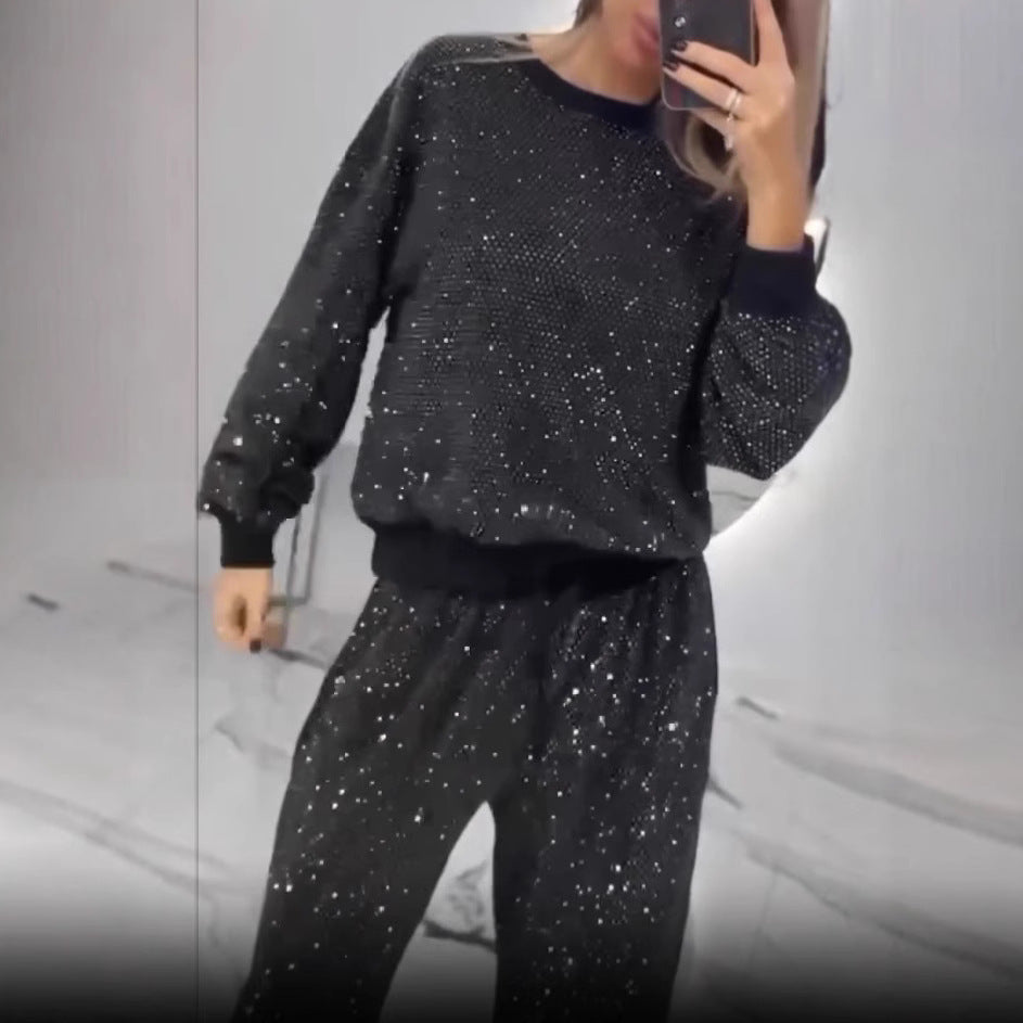 Damen Glitzerndes Freizeitset mit Cropped Sweater und bequemer Hose R&B