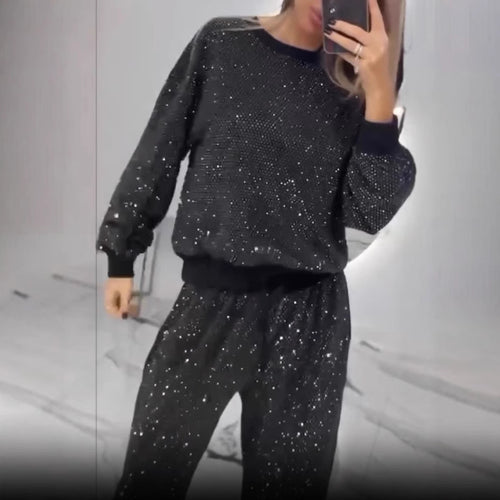 Damen Glitzerndes Freizeitset mit Cropped Sweater und bequemer Hose R&B