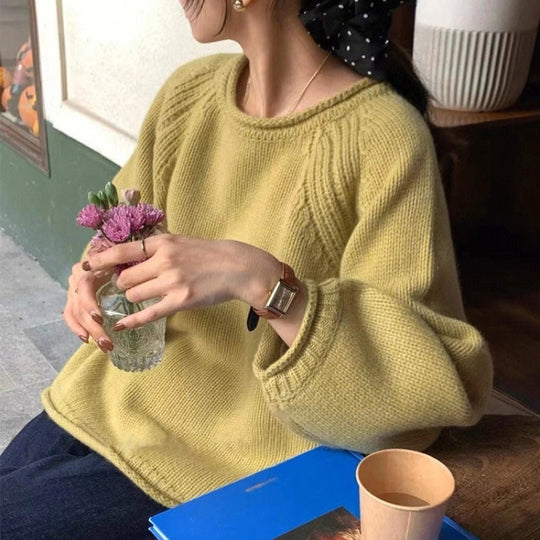 Damen gemütlicher Strickpullover mit lässigem Schnitt und luftigen Ärmeln R&B