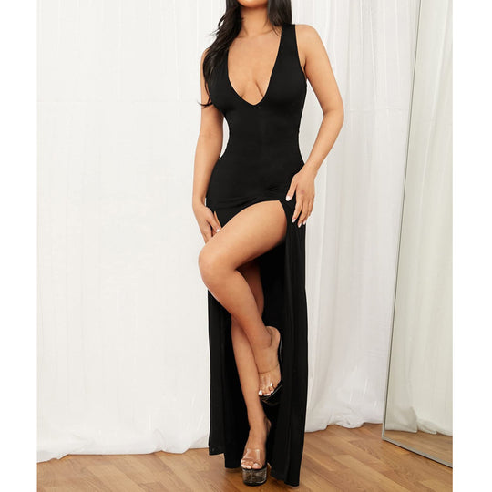 Damen Elegantes Maxikleid mit tiefem V-Ausschnitt und seitlichen Schlitzen R&B