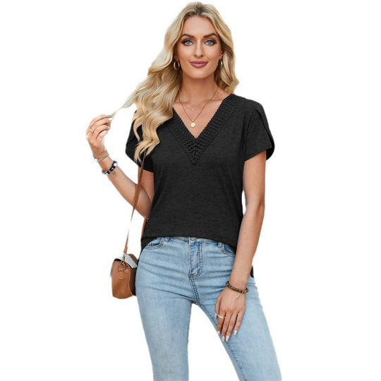 Damen V-Ausschnitt T-Shirt mit Spitzenakzenten R&B