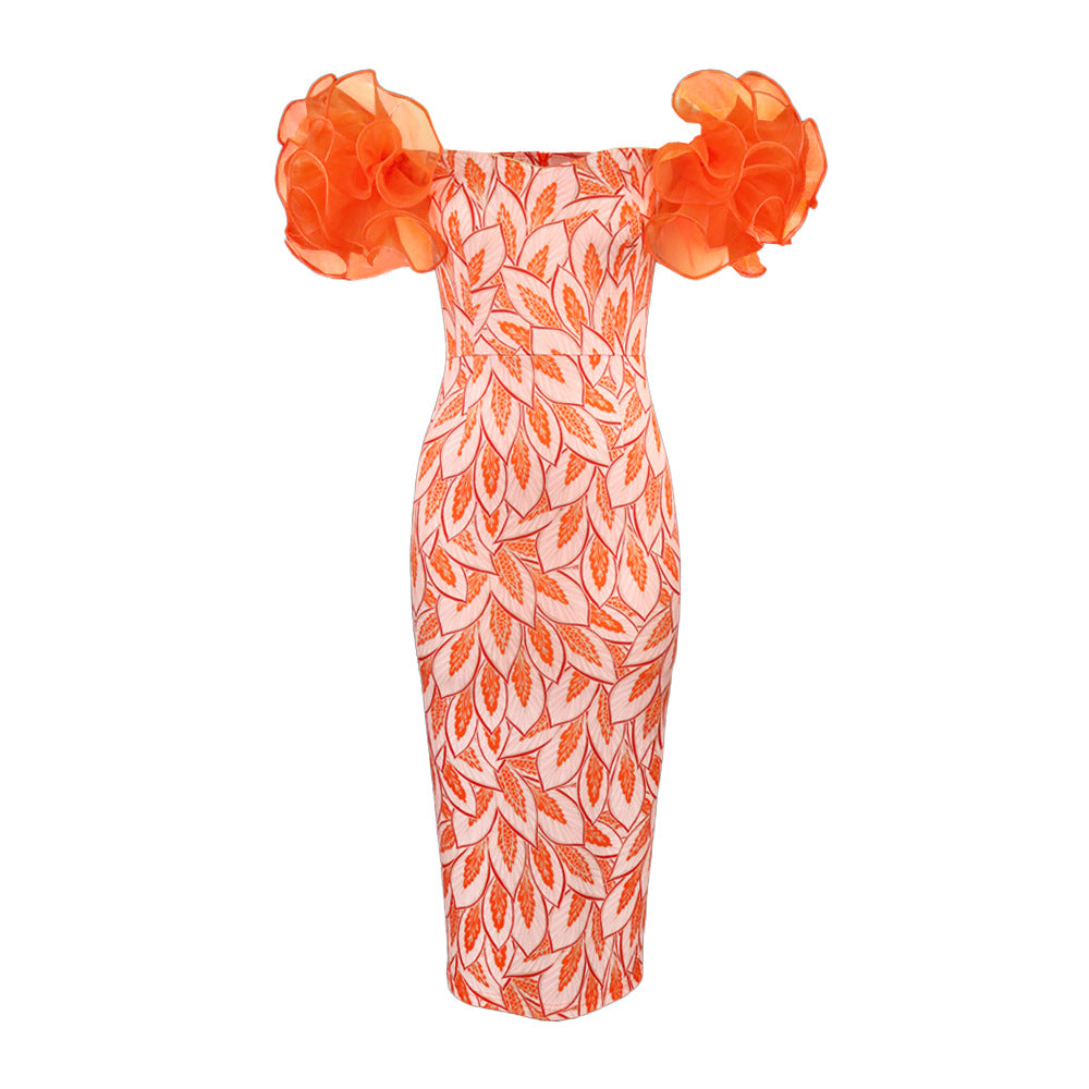Damen Elegantes Midi-Kleid mit innovativen Puffärmeln und kunstvollem Druck R&B