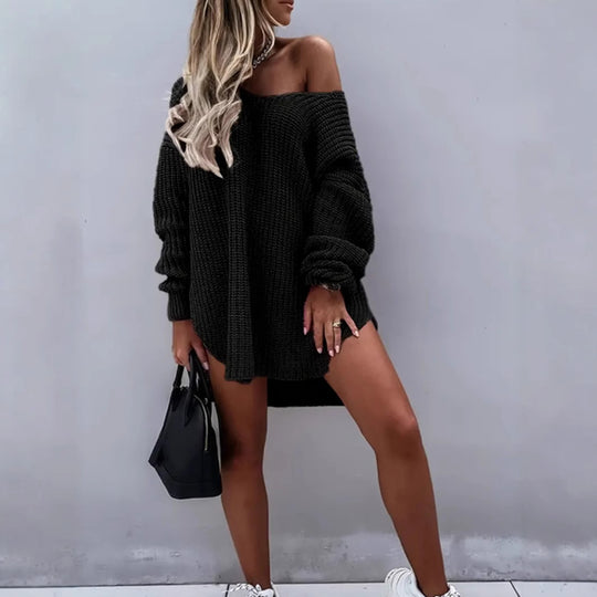 Damen lässiger Strickpullover mit tiefem V-Ausschnitt und ballonförmigen Ärmeln R&B