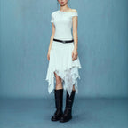 Damen asymmetrischer Spitzenrock mit Raffung und elegantem Design R&B