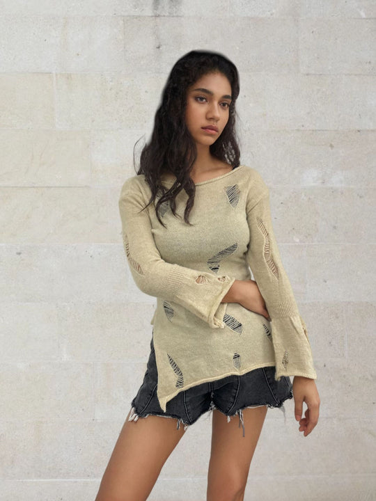 Damen modisches Oberteil mit strukturierten Cut-Outs und Ärmeln im Boller-Look R&B