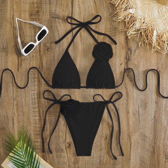 Damen verstellbarer Triangel-Bikini mit dekorativen Blumenapplikationen R&B