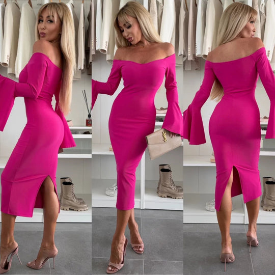 Damen Off-Shoulder Midi Kleid mit weit ausgestellten Ärmeln R&B