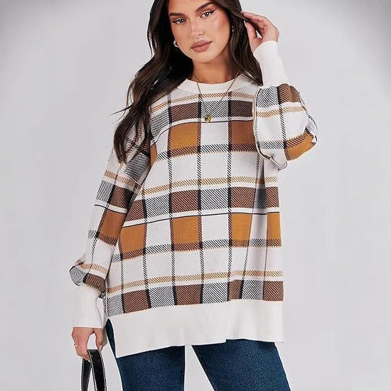 Damen oversized Pullover mit Karomuster und lässigem Schnitt R&B