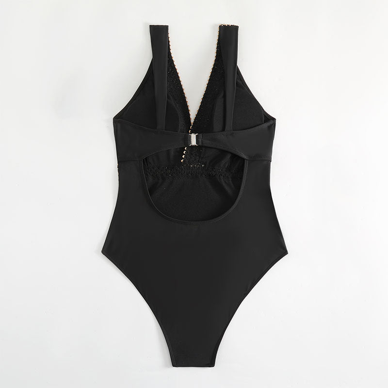 Damen Einteiler Badeanzug mit elegantem V-Ausschnitt und goldenen Details