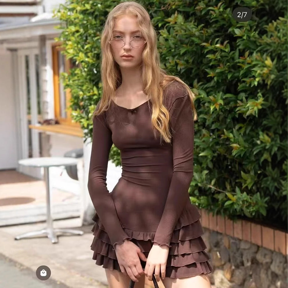 Damen Ballettkleid mit Rüschensaum und langen Ärmeln R&B