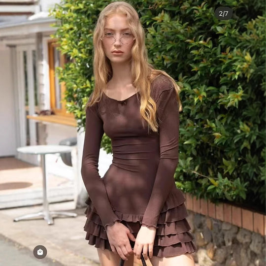 Damen Ballettkleid mit Rüschensaum und langen Ärmeln R&B