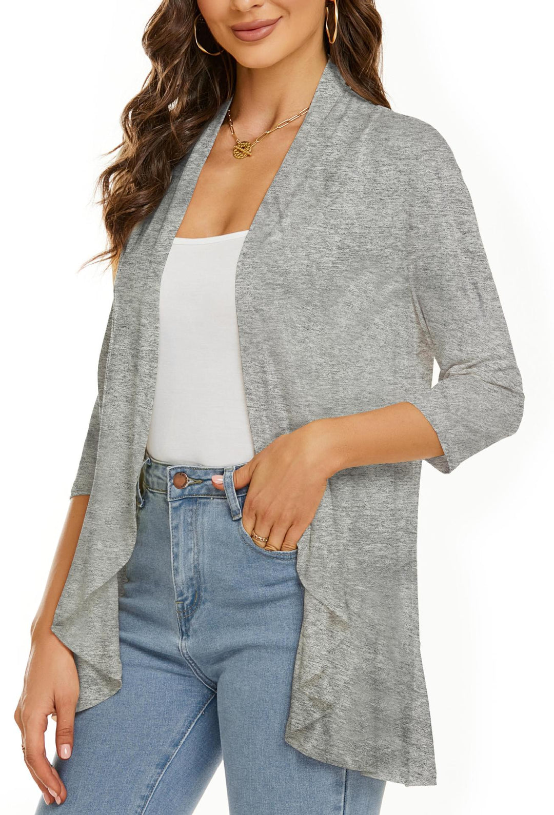 R&B | Einfarbige Strickjacke mit sieben Viertelärmeln und Rüschenrand
