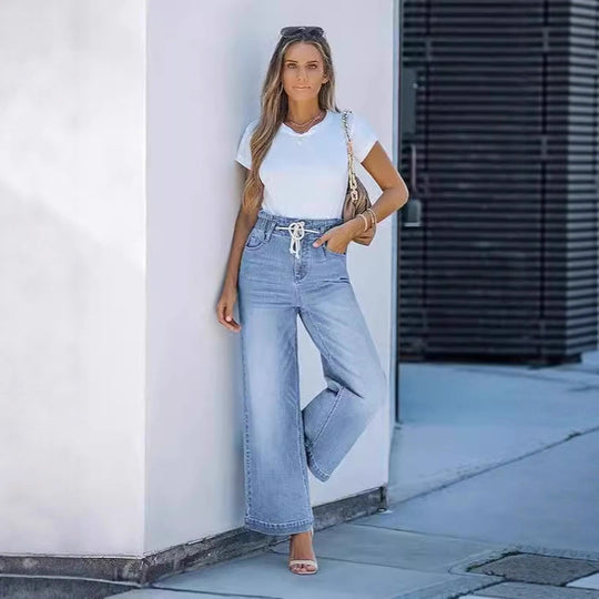 Damen Weite High-Waist Jeans mit elastischem Bund