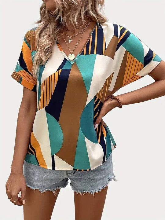 Damen V-Ausschnitt T-Shirt mit geometrischem Muster R&B