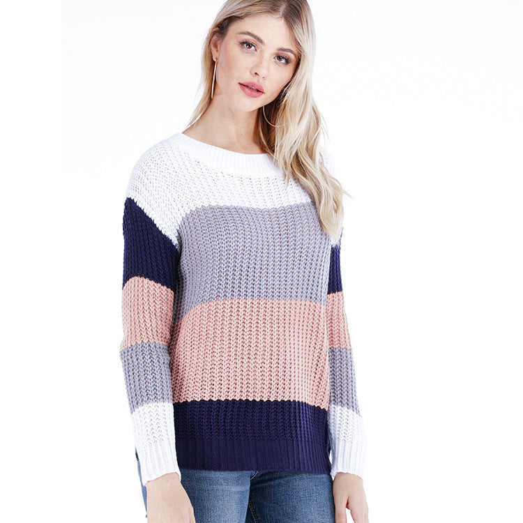 Damen Grobstrickpullover mit modischem Streifenmuster und weitem Schnitt R&B