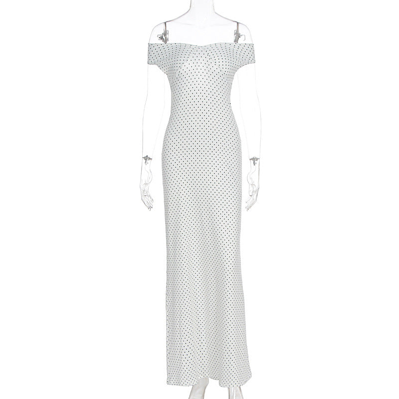 Damen Elegantes Maxikleid mit schulterfreiem Design und punktuellem Muster R&B