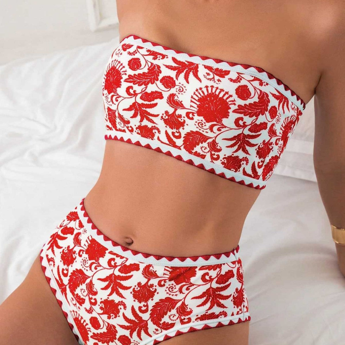 Damen Bandeau-Bikini-Set mit farbenfrohem floralen Muster und elastischem Gürtel R&B