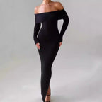 Damen Figurbetontes Off-Shoulder Maxikleid mit langen Ärmeln R&B