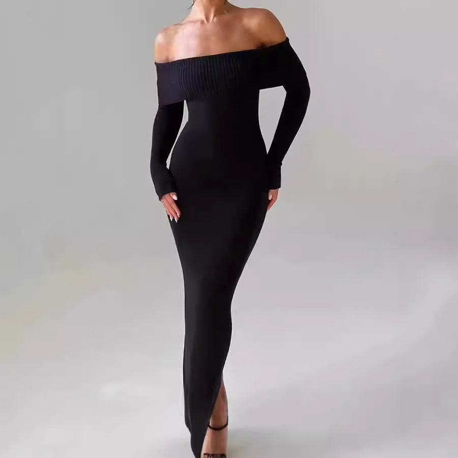 Damen Figurbetontes Off-Shoulder Maxikleid mit langen Ärmeln R&B