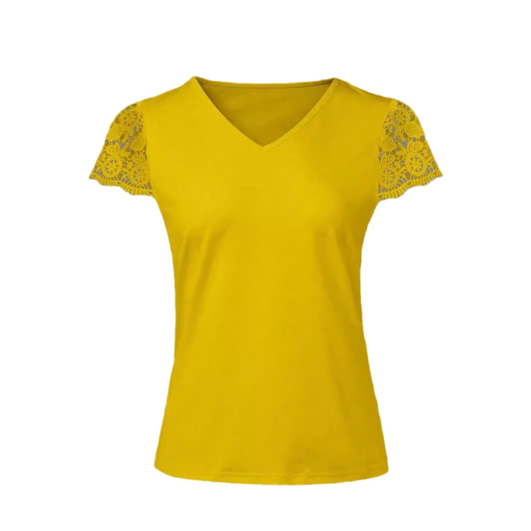 Damen V-Ausschnitt T-Shirt mit Spitzenärmeln R&B